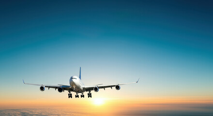 Naklejka premium Airplane in flight against beautiful sunset sky