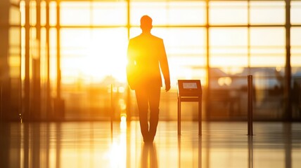 Fototapeta premium Businessman walking towards sunlight in modern airport terminal, silhouette view.