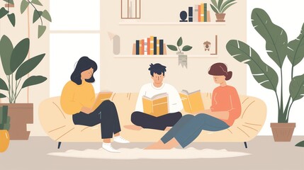 Three people sit on a couch and read books.