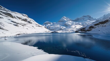 Obraz premium A captivating view of the snow-covered peaks and frozen lakes of the Swiss Alps with dramatic mountain scenery and clear, crisp skies, alpine setting with cool whites and blues
