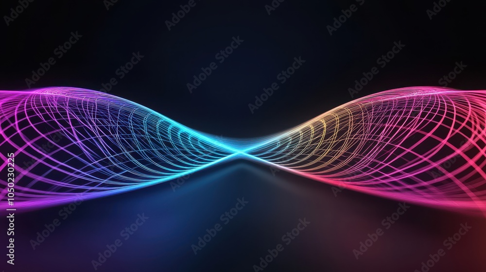 Poster a vibrant, digital visual featuring a symmetrical, flowing pattern of multicolored waves against a d