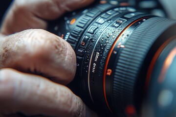 Closeup of a photographer's hand adjusting the lens of a camera with water droplets.