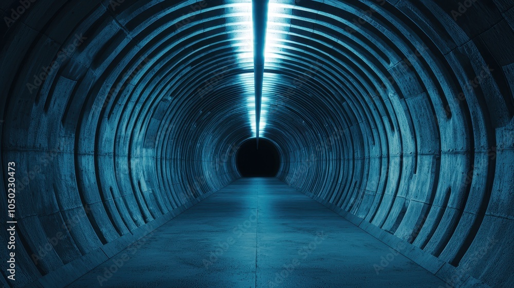 Poster a dimly lit tunnel with a blue glow, featuring circular arches and a dark end, creating a mysterious