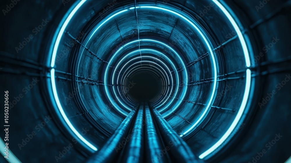 Poster a futuristic tunnel illuminated by blue light, creating a sense of depth and motion towards a dark e