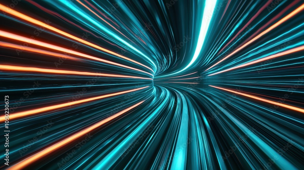 Poster a dynamic, abstract image depicting vibrant lines of light rushing through a tunnel-like structure, 