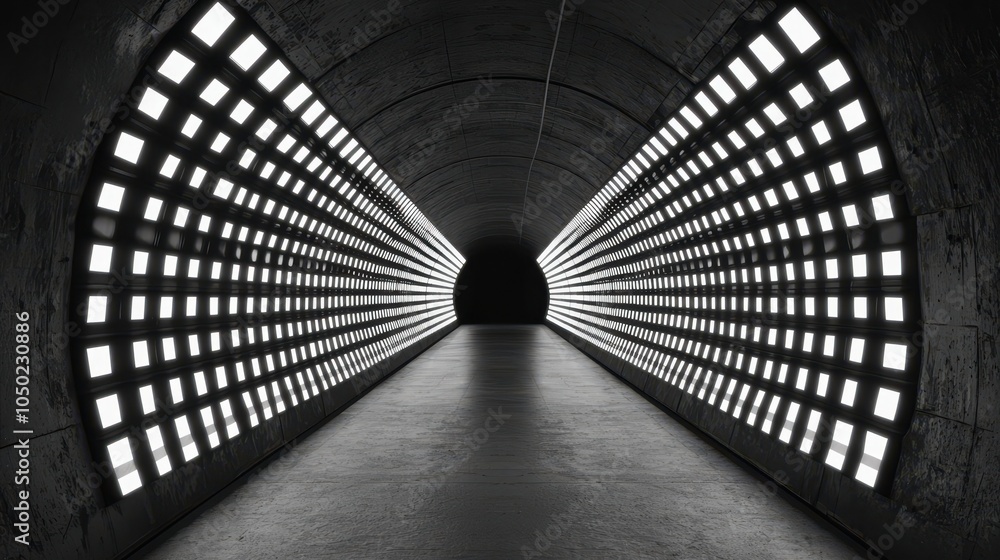 Poster a dimly lit tunnel illuminated by a series of bright, rectangular lights, creating a striking visual