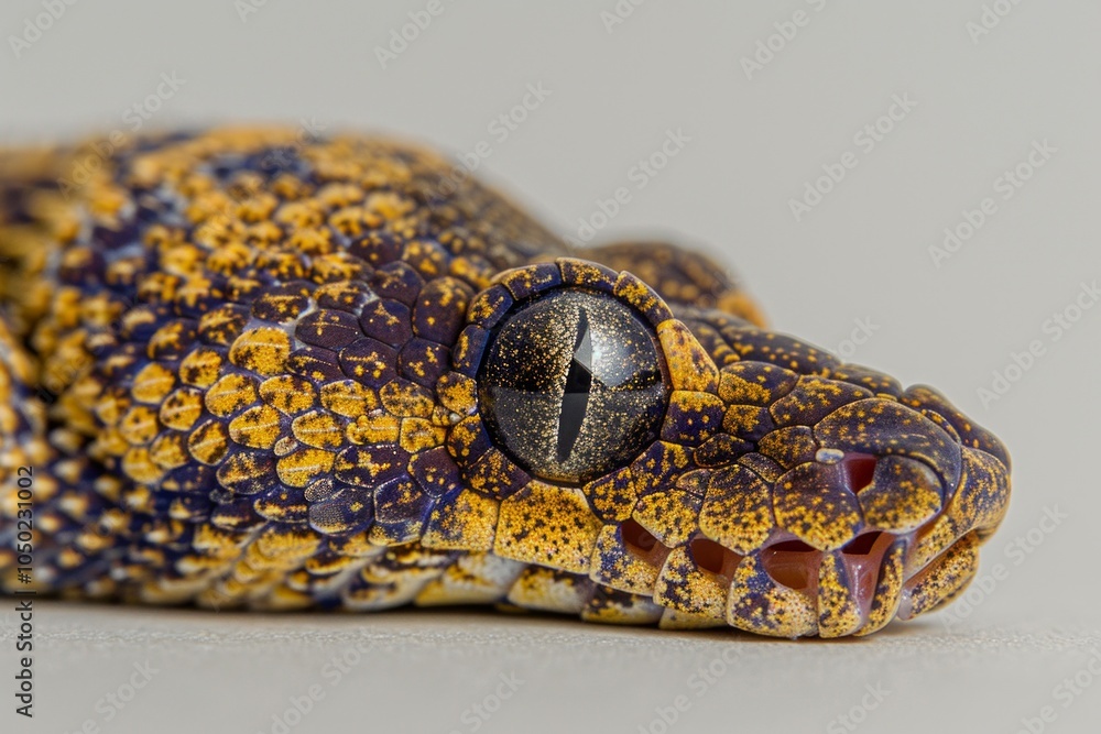 Poster carpet python known for its striking patterns is gracefully coiled against a soft white backdrop hig