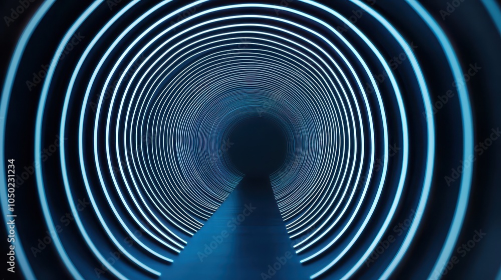 Poster a futuristic tunnel illuminated by blue light, featuring concentric circular patterns creating a dep
