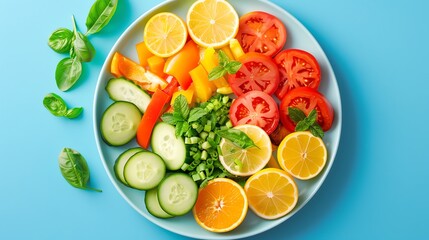 A plate of fresh, colorful vegetables on a blue background.