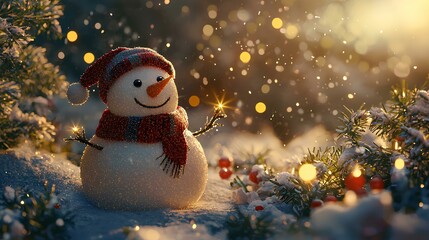Fototapeta premium Enchanting Snowman with Twinkling Lights in a Festive Winter Scene