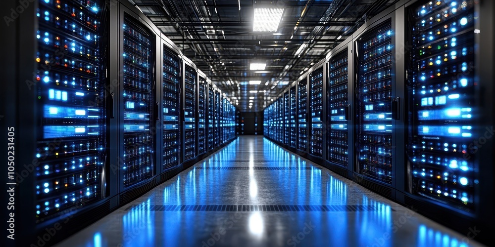 Poster high-tech data center with rows of servers