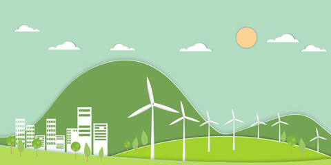 Green ecology city and alternative renewable energy.Paper art Vector illustration. ESG  environmental social  Concept