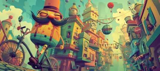 Whimsical Cartoon Cityscape with Unicycling Character and Vibrant Colors for Fun Illustration