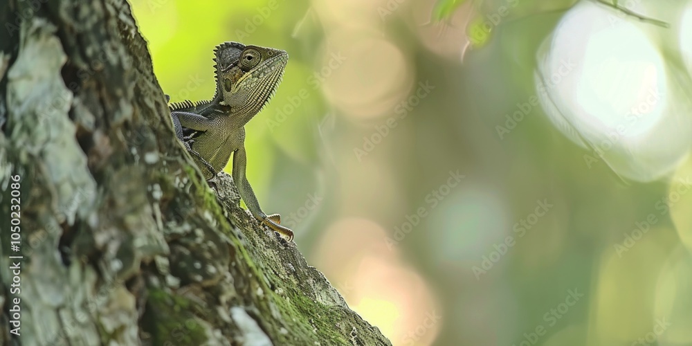 Poster striking lizard displays its unique spiny crest while resting on a branch in a serene environment. s