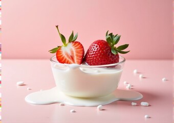 strawberry close-up in a glass saucer yogurt sour cream