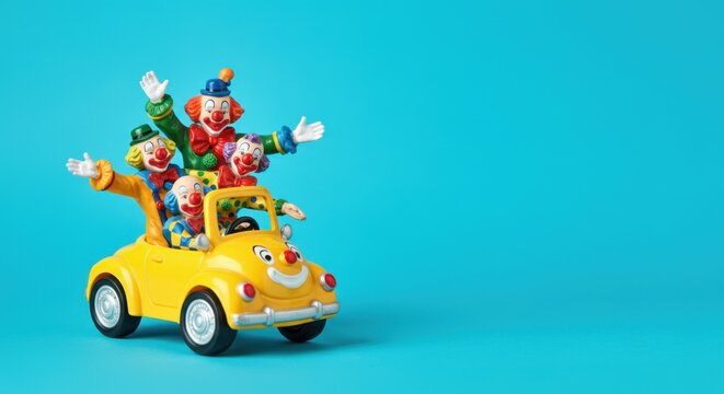 Four colorful clowns riding yellow toy car against blue background