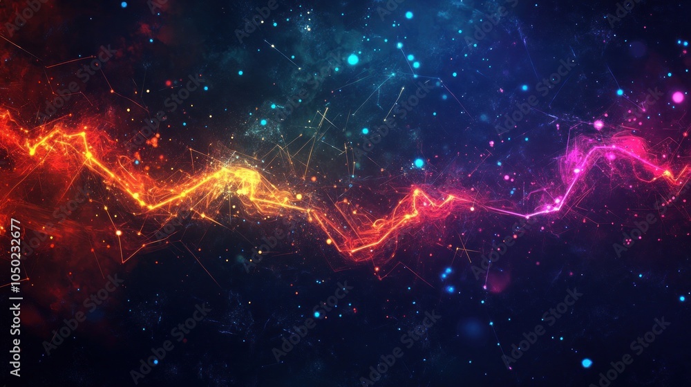 Poster a vibrant abstract background featuring colorful waves of light and particles.