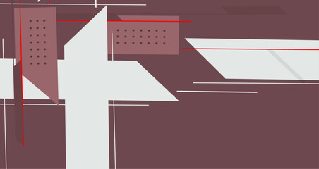 Blend of deep red and white geometric shapes and lines, creating a striking visual composition