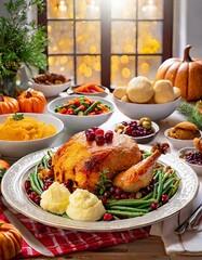 A beautiful Thanksgiving meal in a sunlit kitchen, elegantly set with seasonal decor for family.