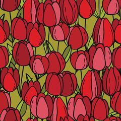 Floral colorful vector illustration with tulips. Simple minimalistic pattern with nature elements. Vector illustration for fabric, textile, poster, invitation. Trendy hand drawn textures