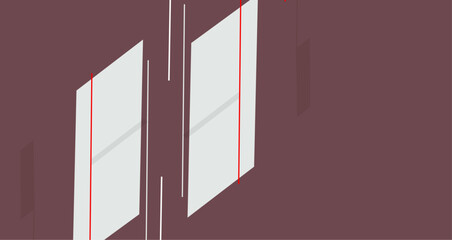 Blend of deep red and white geometric shapes and lines, creating a striking visual composition