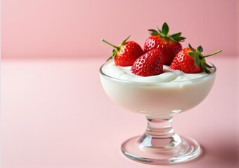 strawberry close-up in a glass saucer yogurt sour cream