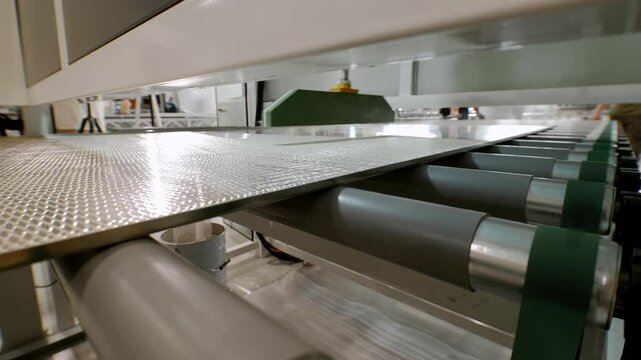Process applying adhesive to large aluminum sheets of metal in fully automated manner, utilizing specialized machinery and equipment for continuous production.