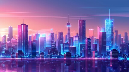 Fototapeta premium A futuristic city skyline with glowing neon lights.