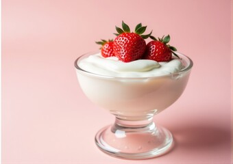 strawberry close-up in a glass saucer yogurt sour cream