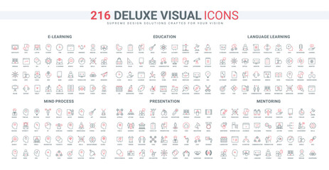 Idea, imagination and work of human mind in learning, education, language study line icon set. Leader prize and audience recognition, presentation thin black and red outline symbol vector illustration © Iconic Prototype