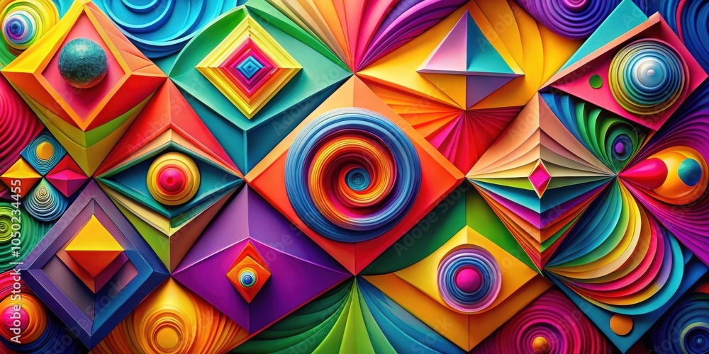 Poster An Abstract Exploration of Color and Form, Composed of Vivid Geometric Shapes and Spiraling Concentric Circles