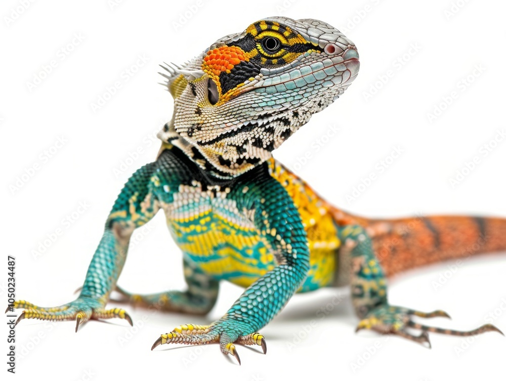 Poster single collared lizard poses on a white surface showcasing its striking colors and distinct black ba