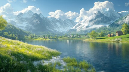 Fototapeta premium Serene Alpine Landscape with Snowy Peaks, Meadows, and Lakes
