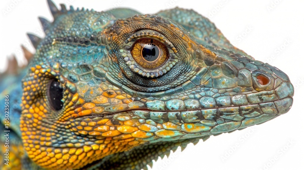 Poster common basilisk lizard stands alert on a white background. its distinctive bright colors and physica