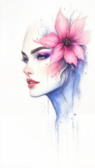 Elegant watercolor portrait of a woman adorned with a pink flower, showcasing artistry and beauty