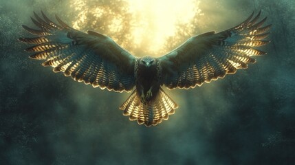 Fototapeta premium A majestic hawk soars through the air, its wings spread wide against a backdrop of golden sunlight filtering through the trees.