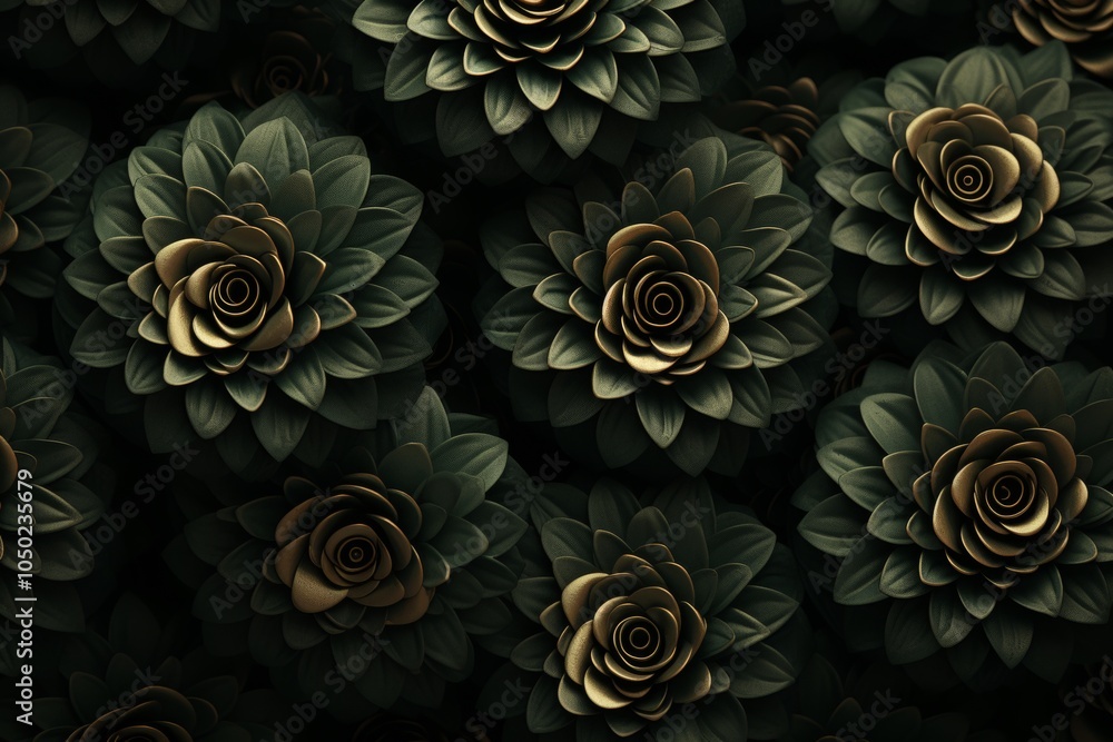 Poster symmetrical composition of simple emerald flower silhouettes in elegant patterns