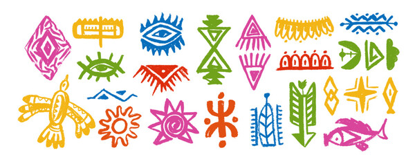 Tribal colorful pattern. African silhouette print. Ethnic border. Ancient tribe. Aztec and Mayan graphic. Mexican shapes. Mexico or Peru decorations. Inca texture. Navajo elements.