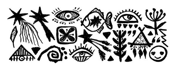  African  decoration tribal geometric shapes set . Charcoal drawing of ancient ethnic traditional symbols and ornate signs. Hand-drawn Mexican elements in doodle style.