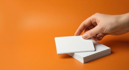 Hand holding blank business cards against orange background
