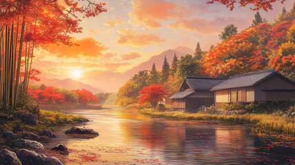 Fototapeta premium 秋の日本田舎と夕日の輝き