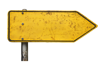 Rusty yellow road sign arrow pointing left isolated on transparent or white background, png