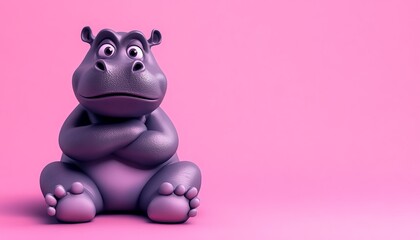 A snarky baby hippo sitting with crossed arms, vibrant 3D cartoon style, sarcastic expression, pastel background