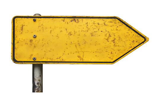Rusty yellow road sign arrow pointing left isolated on transparent or white background, png