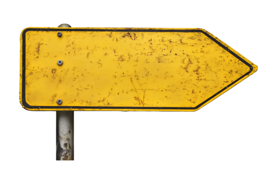 Rusty yellow road sign arrow pointing left isolated on transparent or white background, png - Powered by Adobe