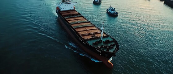Obraz premium Aerial view of a cargo ship navigating through a busy port