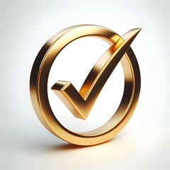 A 3d Golden check mark inside in the golden 3d circle with white background.