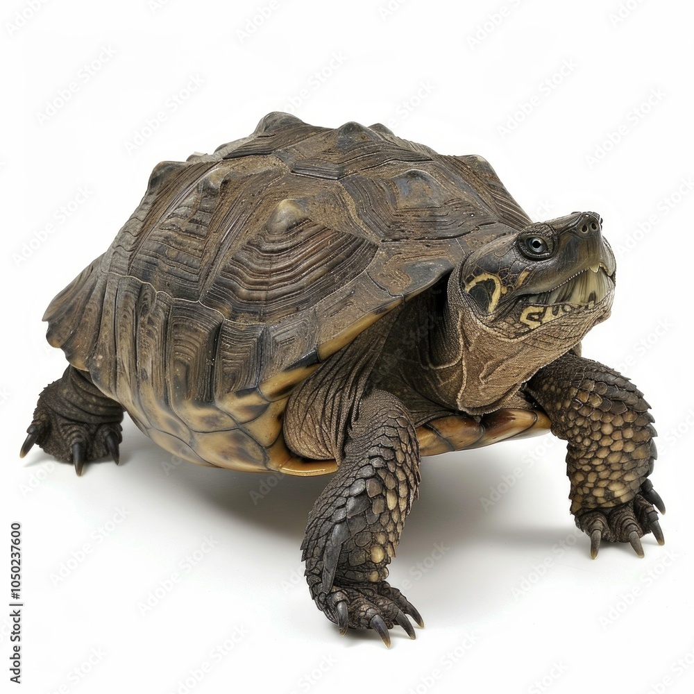 Poster common snapping turtle stands alone with rugged shell and powerful jaws highlighted by dramatic side