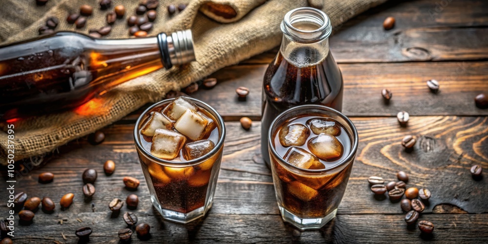 Poster refreshing iced coffee with a twist of brown sugar in two glasses on rustic wooden table