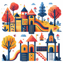 Colorful playground with slides, climbing walls, and a tower.